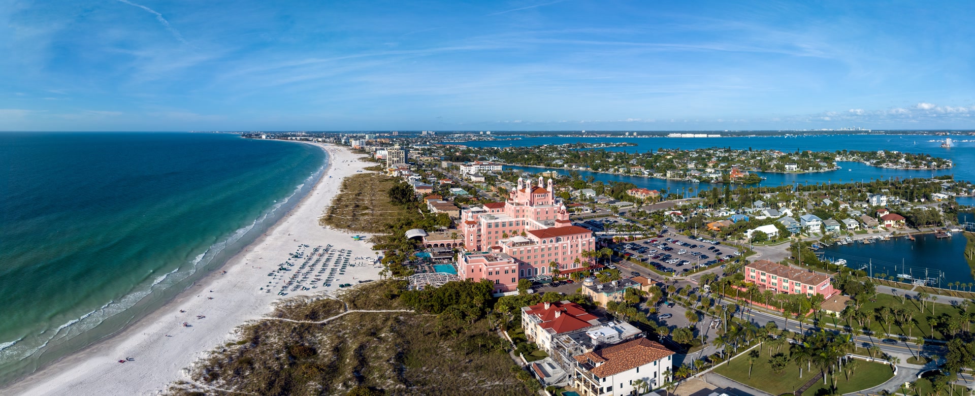 Aerial view of St. Pete Beach, the Don CeSar, and the white sand Gulf beaches